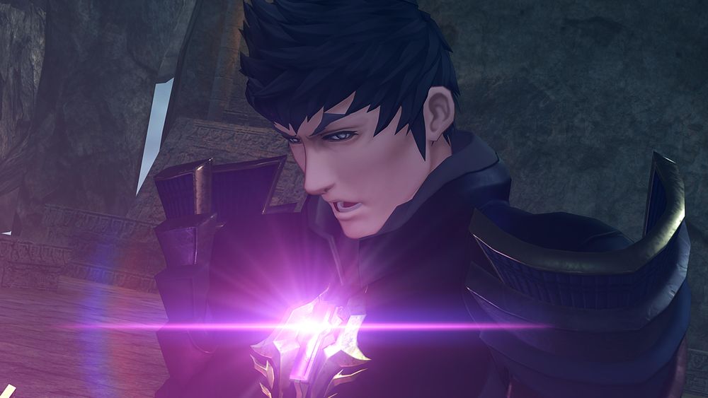 Malos speaking, his core crystal glowing bright purple. Screenshot from cutscene 'Malos's Black Sword' in Xenoblade 2.