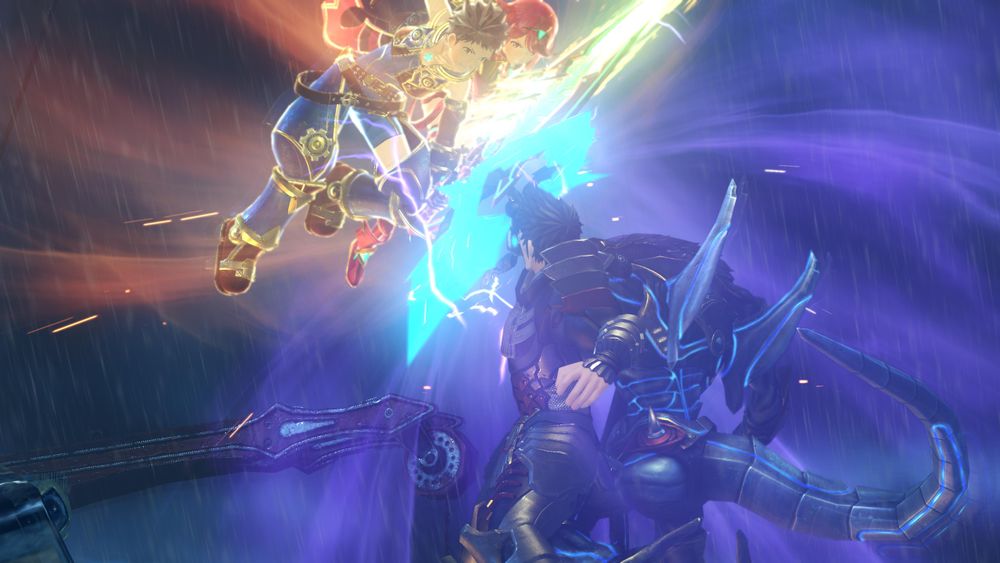 Malos clashing with Pyra and Rex midair, red and purple ether swirling around them. Screenshot from cutscene 'Resonance of the Heart' in Xenoblade 2.
