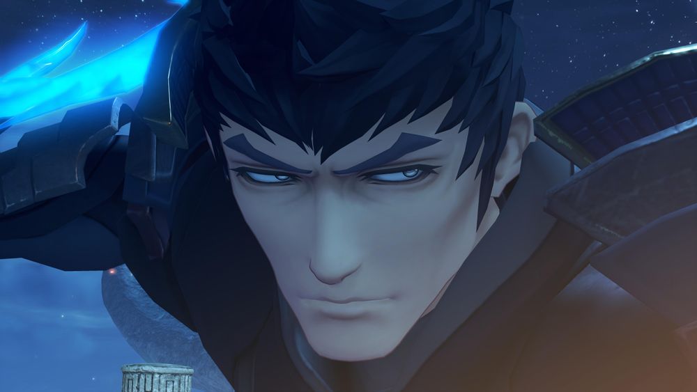 Close up of Malos with a serious expression, his eyes narrowed. Screenshot from cutscene 'Confrontation' in Xenoblade 2.