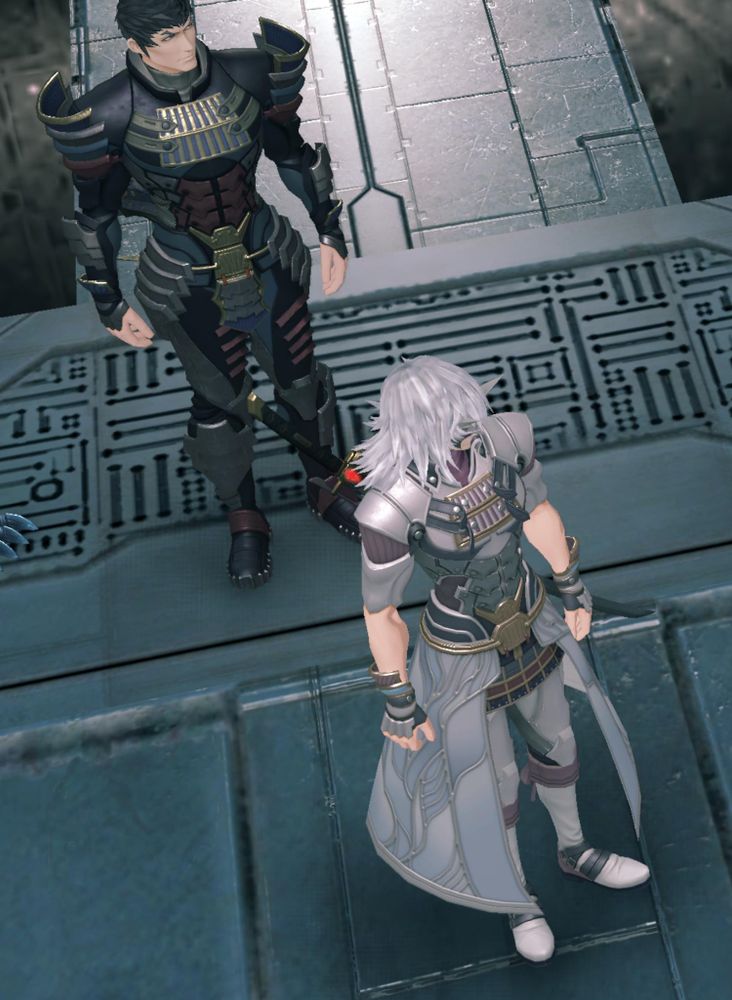 Overhead view of Jin and Malos. Screenshot from cutscene 'Well Met by Akhos' in Xenoblade 2.