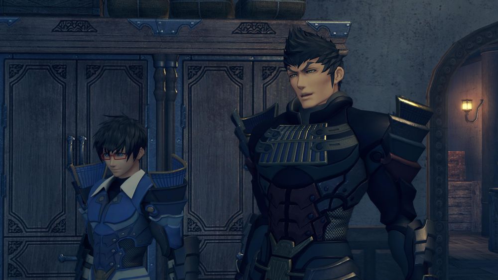 Malos and Akhos in the back room of Mymoma Playhouse. Malos is speaking to Cole, who is offscreen. Screenshot from cutscene 'Surprise Visit' in Xenoblade 2.