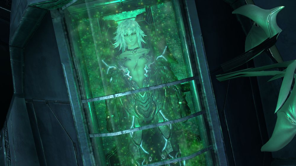 Jin laying in the Marsanes's medical pod, motes of green ether energy surrounding him. Screenshot from cutscene 'Jin and Lora's Resonance' in Xenoblade 2.