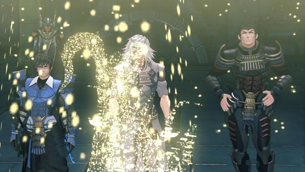 Jin, Malos, Akhos and Obrona looking at a three-dimensional projection of Gormott constructed from gold ether particles. Screenshot from cutscene 'Well Met by Akhos' in Xenoblade 2.