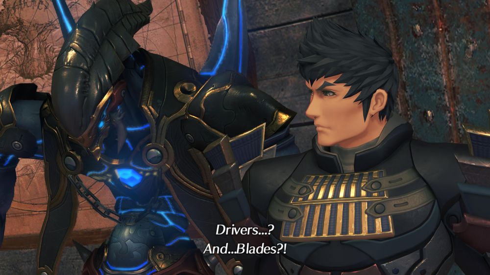 Malos and Sever standing together in front of a map on the wall of Chairman Bana's office. Offscreen, Rex is speaking, his subtitled dialogue reads 'Drivers...? And...Blades?!' Screenshot from cutscene 'The Masked Man' in Xenoblade 2.