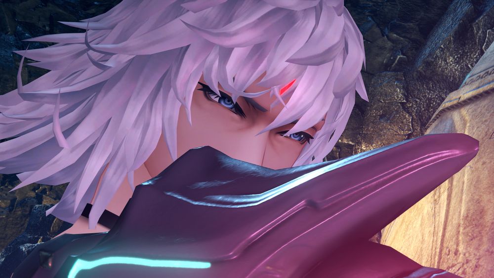 Close up of Jin in his Flesh Eater form looking over his shoulder, his eyes narrowed. Screenshot from cutscene 'The Taking of Pyra' in Xenoblade 2.