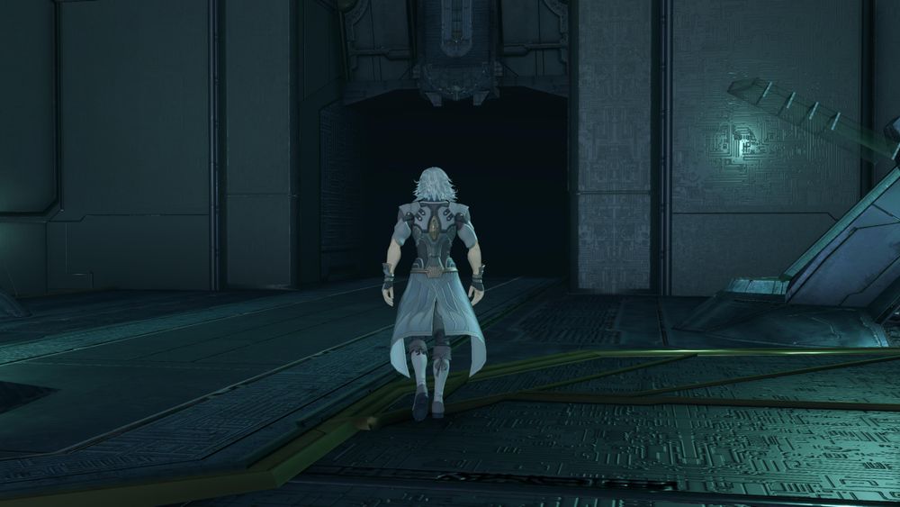 Jin walking towards the exit of the Marsanes's bridge. Screenshot from cutscene 'Judicium Titan Weapon' in Xenoblade 2.