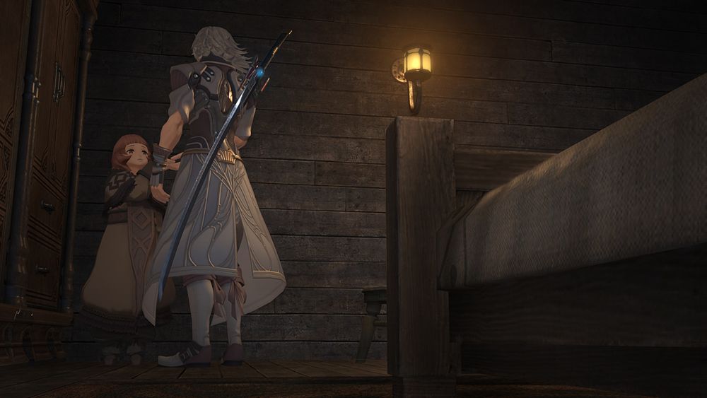 Jin taking Lora's hand after his awakening. Screenshot from cutscene 'Jin and Lora's Resonance' in Xenoblade 2.