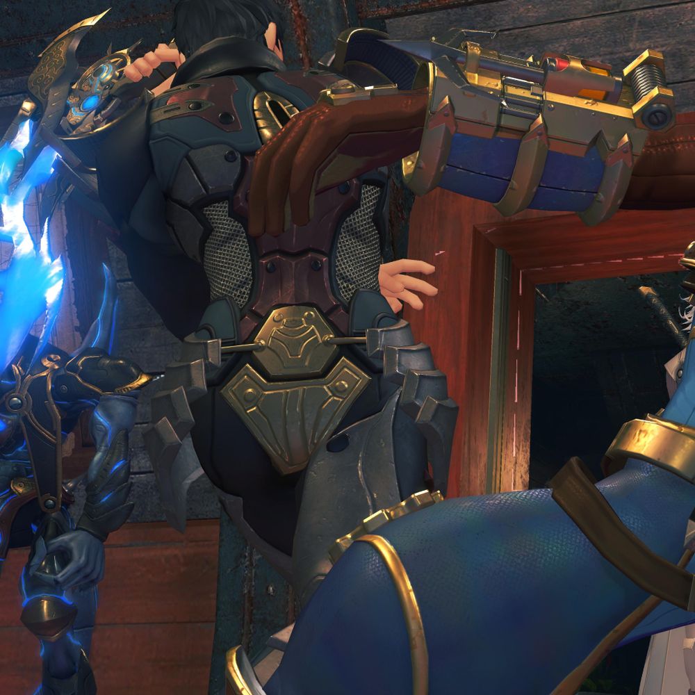Malos winding up to swipe at Rex with Sever's sword tonfa. Screenshot from cutscene 'The Masked Man' in Xenoblade 2.