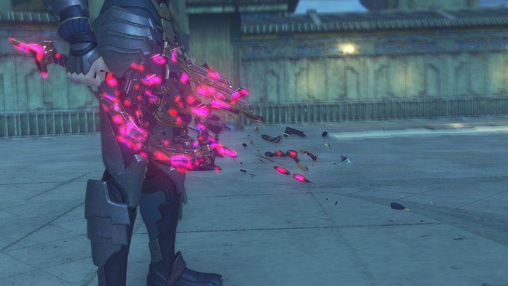 Close up of Malos's hand at his side as he manifests his Monado, the black sword being formed from the hilt down by magenta ether.' Screenshot from cutscene 'Malos Shows Himself' in Xenoblade 2: Torna ~ The Golden Country.