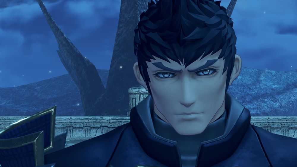 Close up of Malos, frowning. Screenshot from cutscene 'Confrontation' in Xenoblade 2.