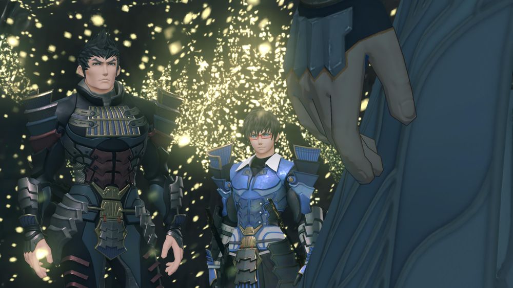 Malos and Akhos looking towards Jin, whose hand is visible in the foreground. Screenshot from cutscene 'Well Met by Akhos' in Xenoblade 2.