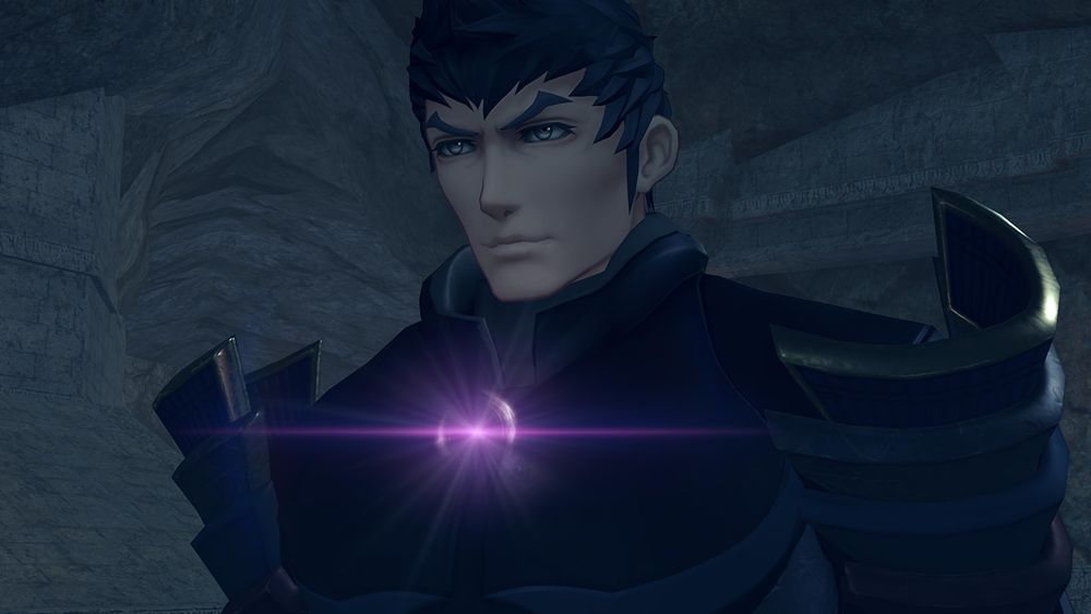 Close up of Malos with a glowing purple effect where his core crystal should be, but the core itself is not visible due to a visual error in the game. Screenshot from cutscene 'Malos's Black Sword' in Xenoblade 2.
