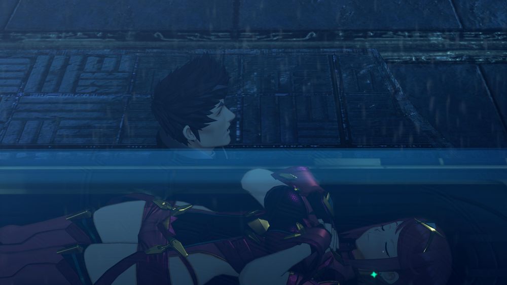 Overhead view of Malos carrying the metal casket containing Pyra. Pyra is visible through the glass panel on the top of the casket, looking as if she is sleeping with her hands clasped over her core. Screenshot from cutscene 'Resonance of the Heart' in Xenoblade 2.