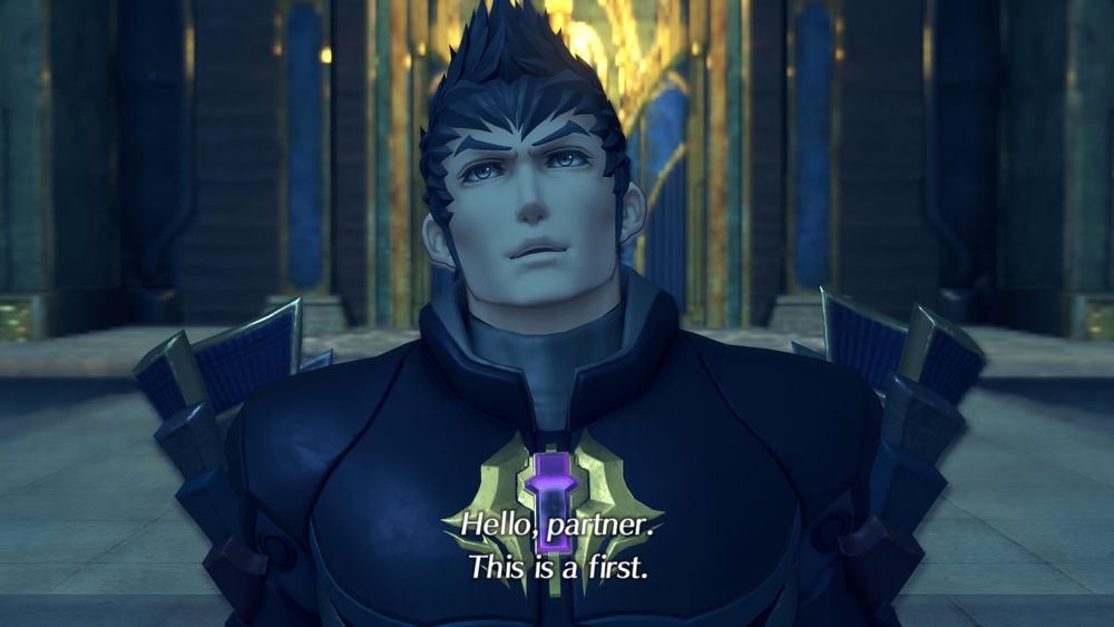Malos speaking with a slight smile, less of a smug edge compared to his usual expression. His subtitled dialogue reads 'Hello, partner. This is a first.' Screenshot from cutscene 'Malos Shows Himself' in Xenoblade 2: Torna ~ The Golden Country.