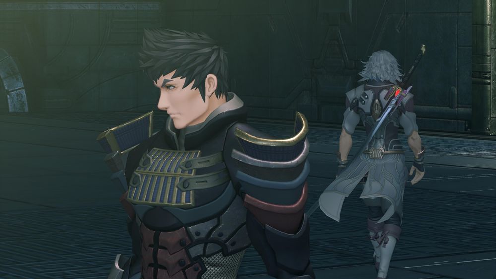 Malos looking down as Jin walks away behind him. Screenshot from cutscene 'Well Met by Akhos' in Xenoblade 2.