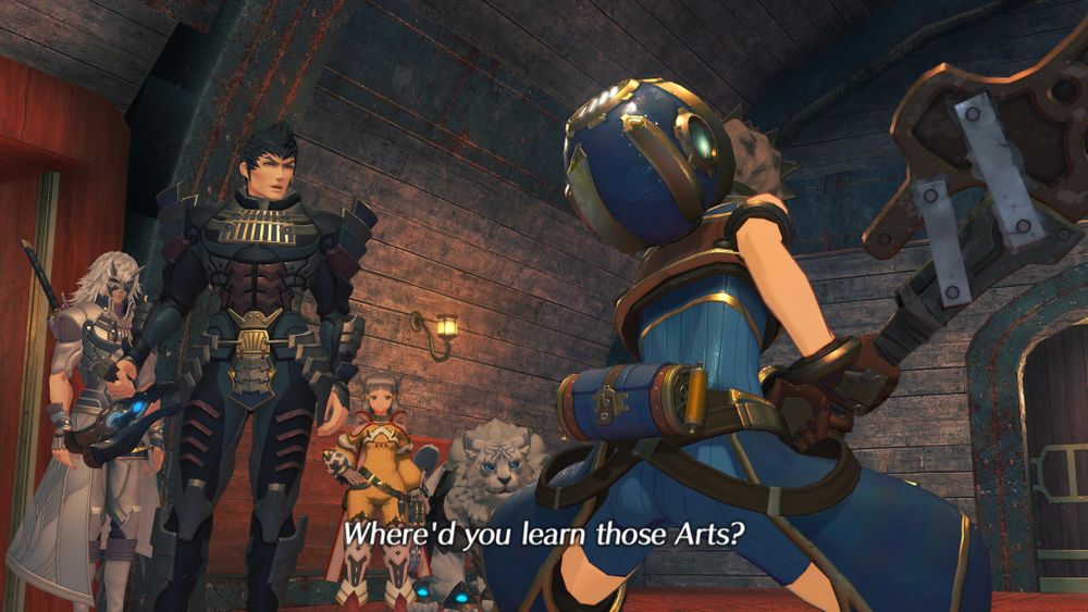 Malos, holding Sever's sword tonfa, speaks with Rex as Jin watches on behind him. His subtitled dialogue reads 'Where'd you learn those arts?' Screenshot from cutscene 'The Masked Man' in Xenoblade 2.