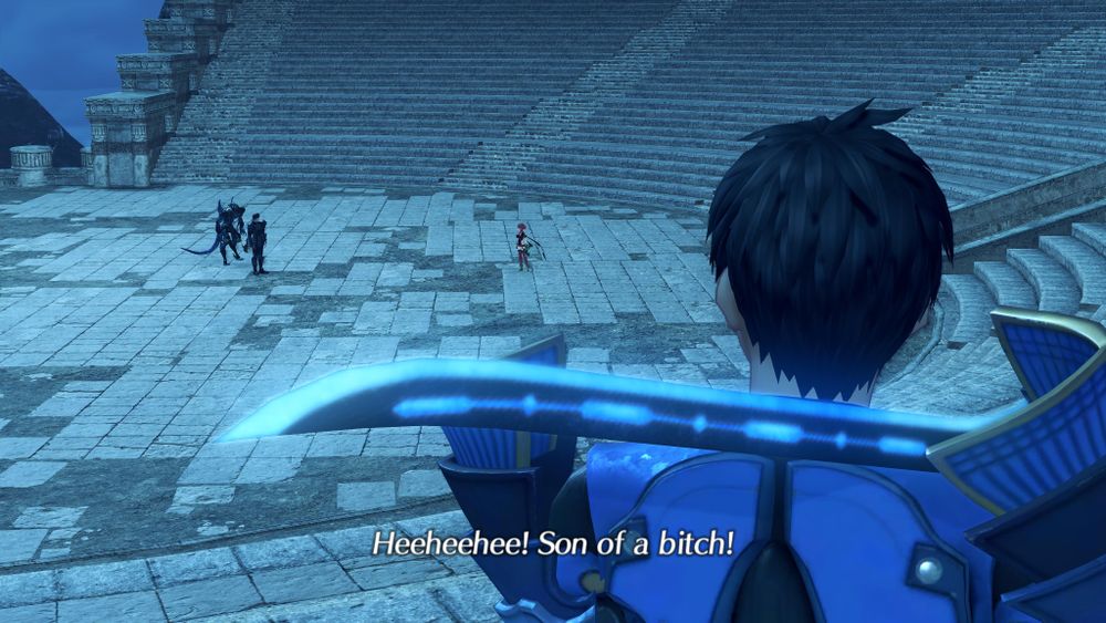 Back view of Akhos, one of Obrona's twinblades slung over his shoulder, overlooking the confrontation between Pyra, Malos and Sever. Offscreen, Obrona is speaking. Her subtitled dialogue reads 'Heeheehee! Son of a bitch!' Screenshot from cutscene 'Confrontation' in Xenoblade 2.