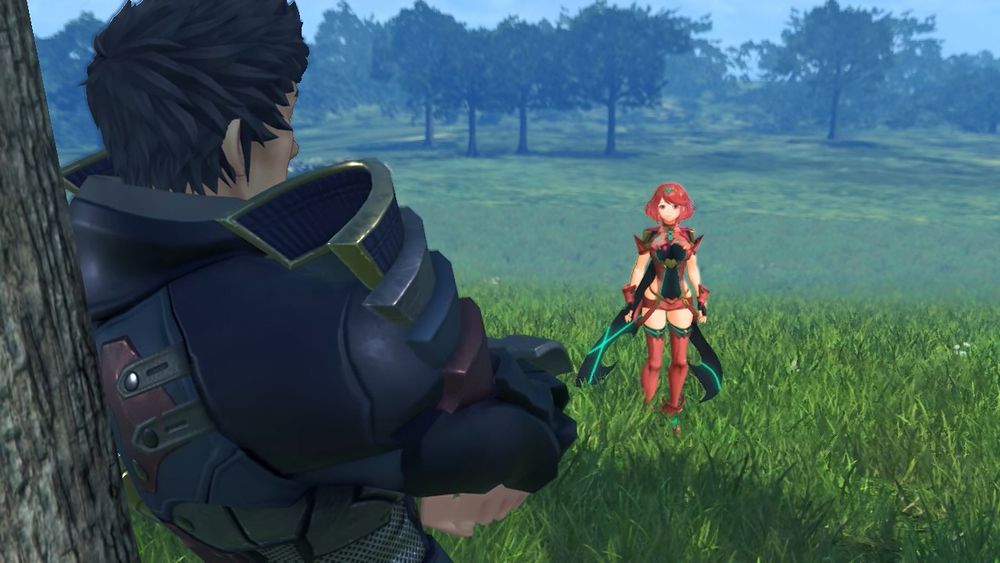 Malos leaning against the tree in the dream of Elysium, looking at Pyra as she turns to face him. Screenshot from cutscene 'Surprise Visit' in Xenoblade 2.