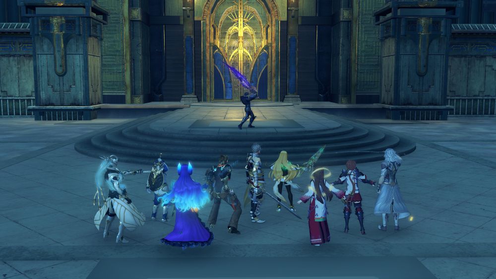 Lora and co. drawing their weapons to confront Malos in Auresco. Screenshot from cutscene 'Malos Shows Himself' in Xenoblade 2: Torna ~ The Golden Country.