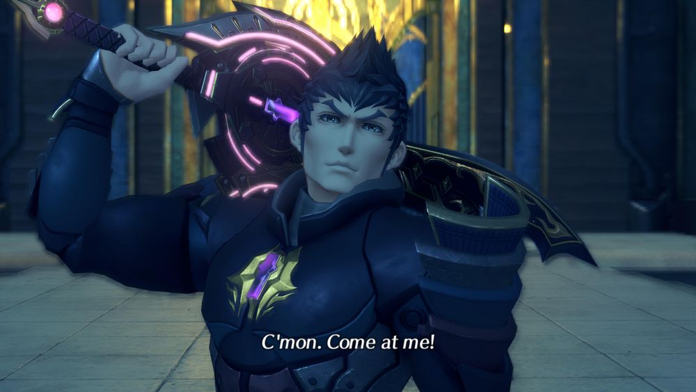 Malos smiling, holding his inactive Monado over his shoulder. His subtitled dialogue reads 'C'mon. Come at me!'. Screenshot from cutscene 'Malos Shows Himself' in Xenoblade 2: Torna ~ The Golden Country.