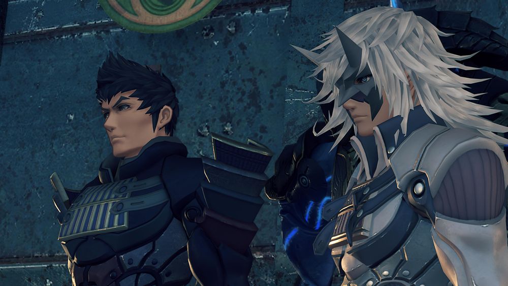 Jin and Malos standing together. Screenshot from cutscene 'Behold the Maelstrom' in Xenoblade 2.