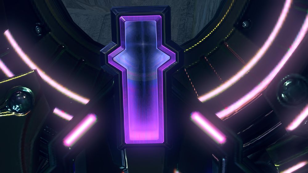 Close up of the core crystal in Malos's Monado. Screenshot from cutscene 'Malos's Black Sword' in Xenoblade 2.