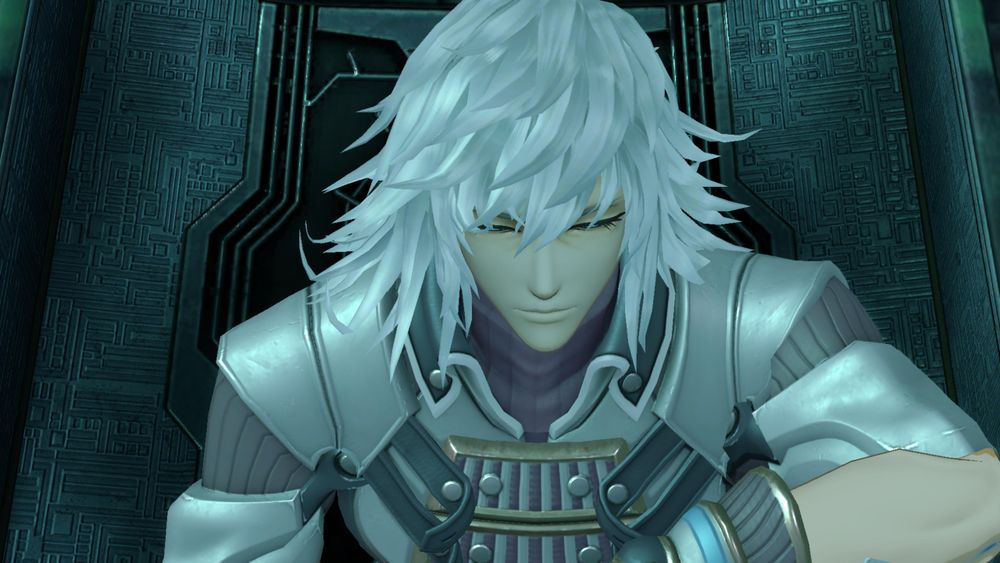 Jin sitting up in the Marsanes's medical pod, his eyes nearly closed in a weary expression. Screenshot from cutscene 'Jin and Lora's Resonance' in Xenoblade 2.