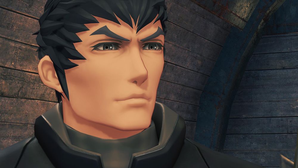 Close up of Malos smiling, his eyes slightly narrowed. Screenshot from cutscene 'The Masked Man' in Xenoblade 2.