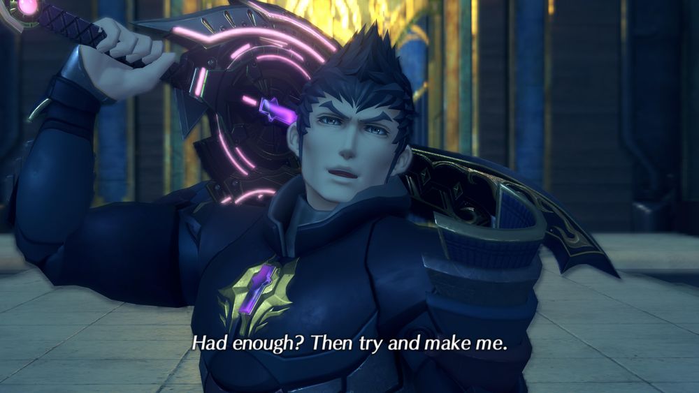 Malos smirking, holding his inactive Monado over his shoulder. His subtitled dialogue reads 'Had enough? Then try and make me.' Screenshot from cutscene 'Malos Shows Himself' in Xenoblade 2: Torna ~ The Golden Country.