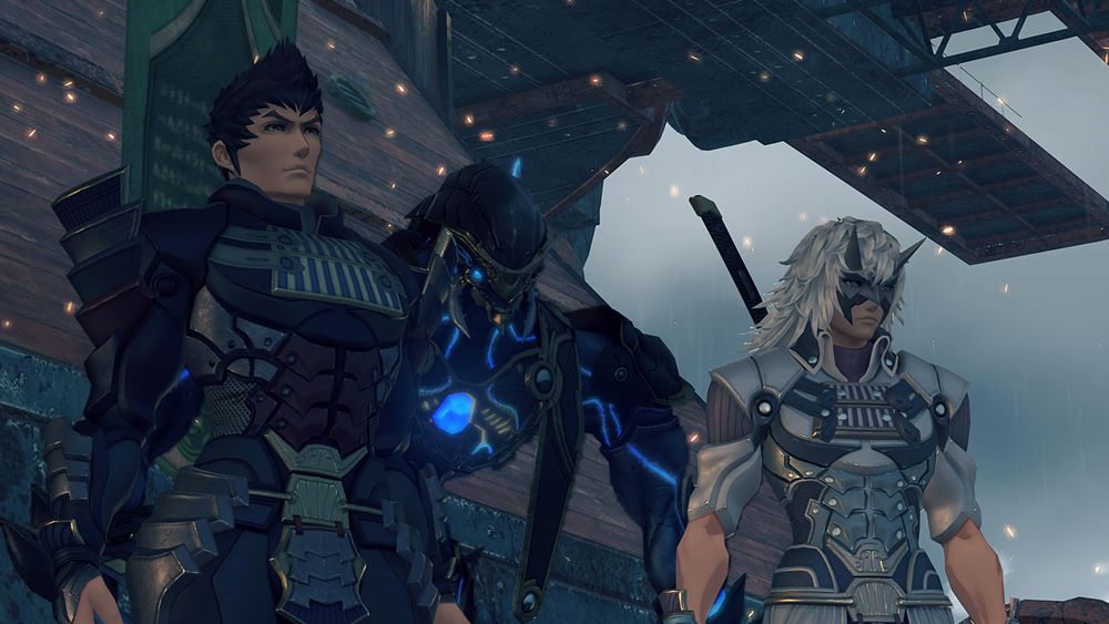 Jin, Malos and Sever standing in the rain, flecks of glowing orange Saffronia petals in the air around them. Screenshot from cutscene 'Behold the Maelstrom' in Xenoblade 2.