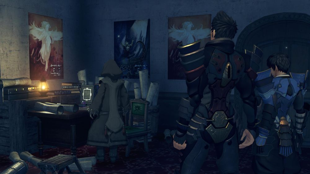 Malos and Akhos speaking to Cole in the back room of Mymoma Playhouse. Screenshot from cutscene 'Surprise Visit' in Xenoblade 2.