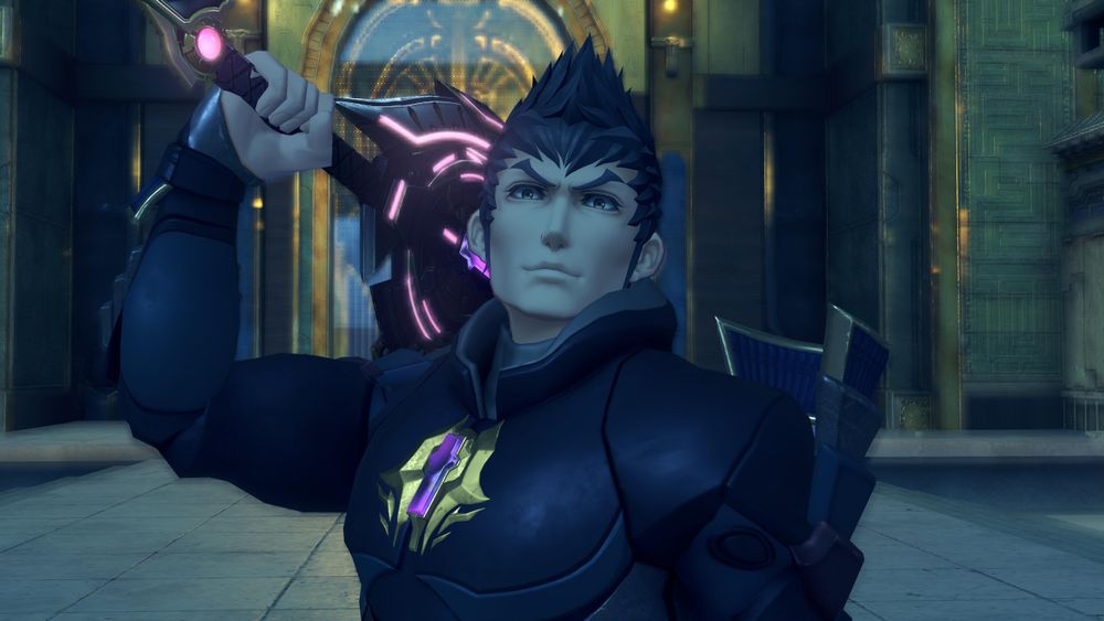 Malos smiling, holding his inactive Monado over his shoulder. Screenshot from cutscene 'Malos Shows Himself' in Xenoblade 2: Torna ~ The Golden Country.
