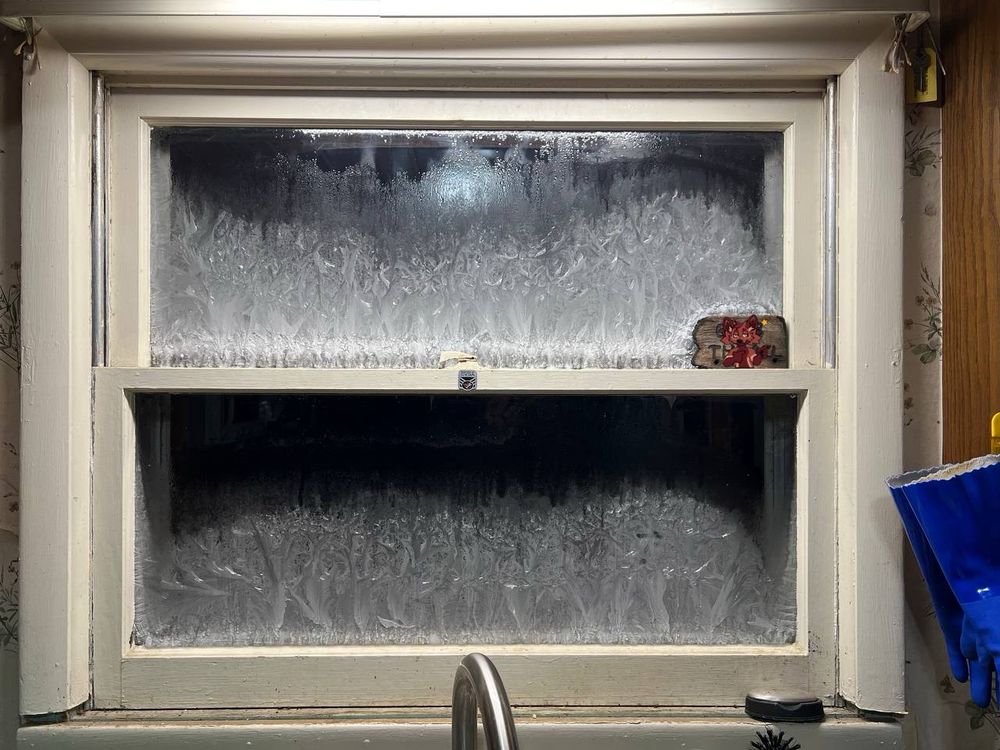 window glass, 2/3 consumed by the arctic chill attempting to permeate my domicile