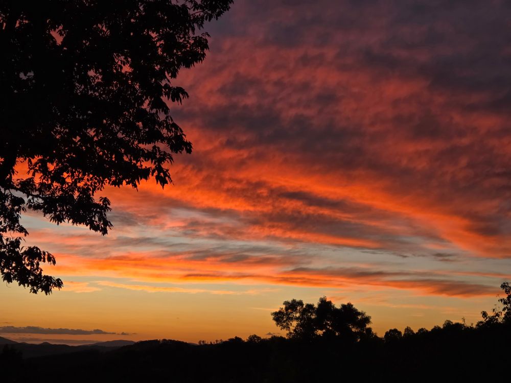 The sunset spread heavy red clouds across the sky.