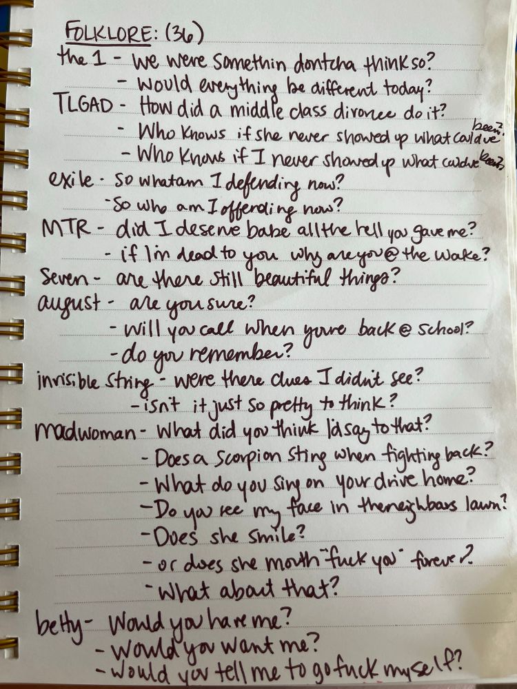 A handwritten list of questions from Taylor Swift’s folklore album 