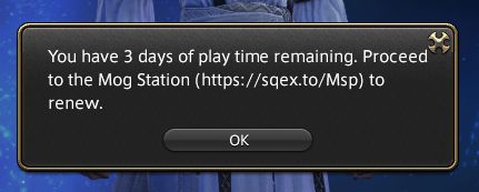 Pop-up bubble from the FFXIV login page informing me that I only have 3 days of play time left.