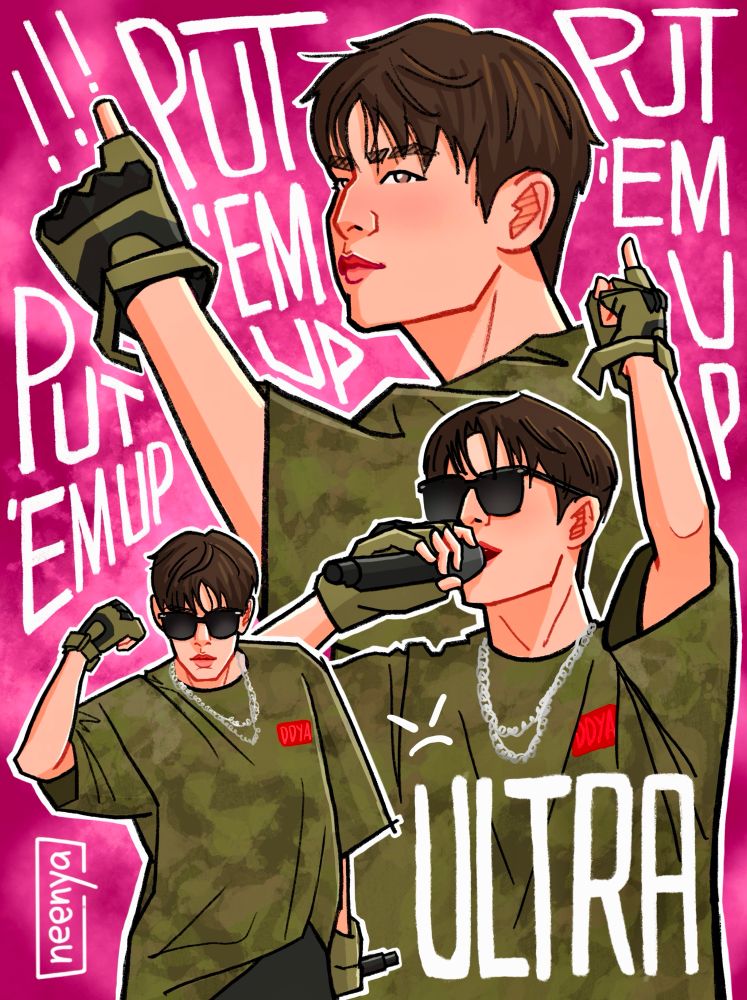 three illustrations of seungmin in different hand-up poses while performing changbin’s solo song “ultra” during the skz  5’clock fanmeeting concerts. the lyrics “put ‘em up put ‘em up put ‘em up” are written in the white spaces between the illustrations. 