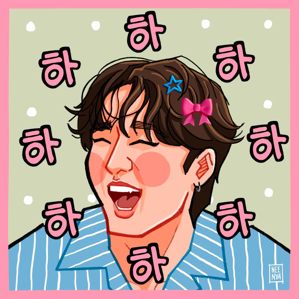 drawing of stray kids changbin from skz code episodes 55–56. he is wearing striped light blue pajamas with a blue star-shaped clip as well as a pink bow emoji in his wavy hair and he is laughing. the syllable “ha” in hangul is written eight times and arranged all around his head like numbers on the face of a clock. he LITERALLY has the best laugh in the world and i love him very very much