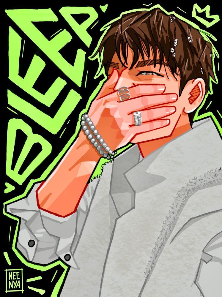drawing of a seungmin from the teaser video for “bleep” by stray kids. the background is black with the word “bleep” handwritten in block allcaps neon green lettering. seungmin is wearing an all-white outfit and he’s got his hand covering his mouth. to be more accurate, he is covering his entire face below his eyes with his giant, enormous hand. it is hot how big his hand is, dear reader. it is obscene.

