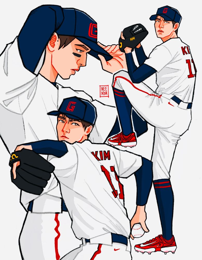 three drawings of stray kids seungmin as a baseball player in a variety of poses: adjusting his cap, winding up for a pitch, and mid-throw. this is the best birthday present i’ve ever received, thank you me 