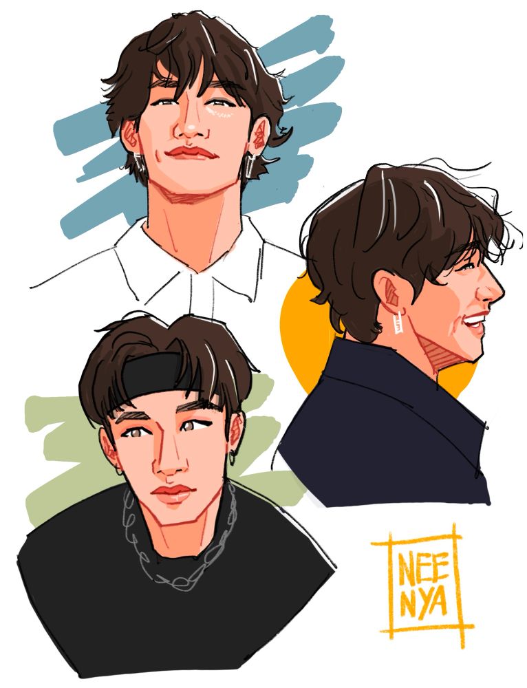 three sketches of bang chan

- him in a white collared shirt with his beautiful curly hair and a cheeky smirk
- profile view of his beautiful laugh (he’s looking lovingly at his kids!!!!) 
- him in a black muscle tee and chunky chain necklace, he’s wearing a headband and he’s looking off to the side, and his beautiful nose!!! is right there