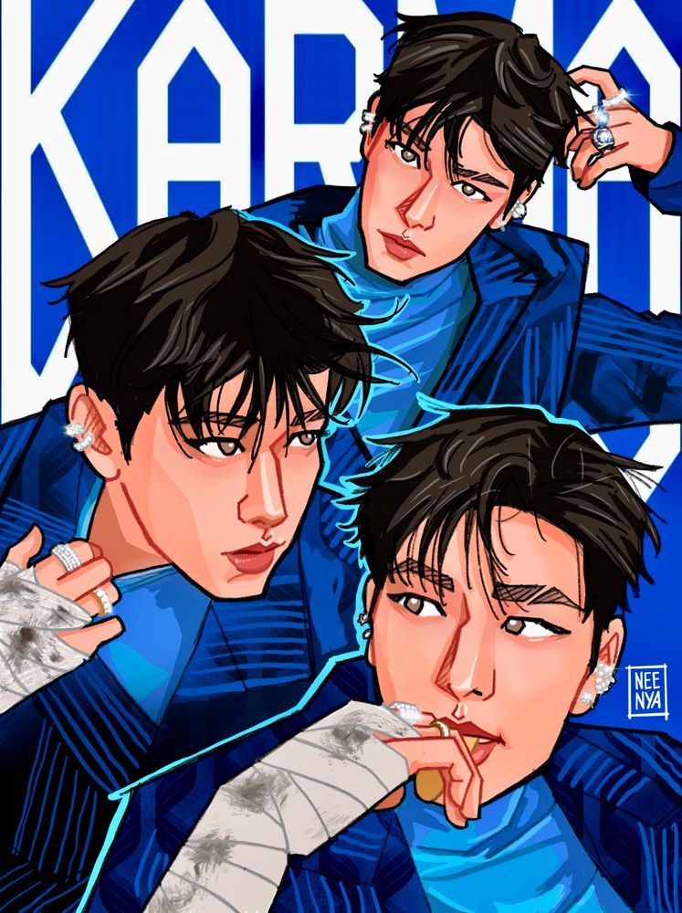 drawings of three of stray kids seungmin’s karma teaser photos. he is wearing a dark blue patterned jacket over a lighter blue turtleneck. the background is blue with the karma logo in white.