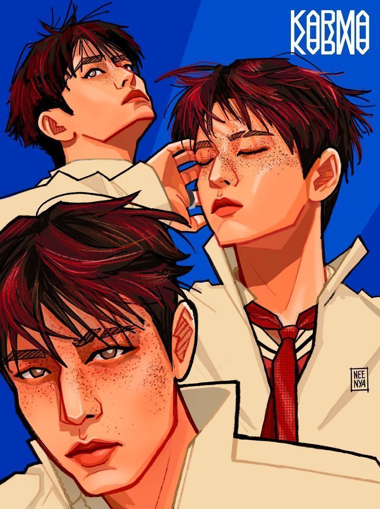 three drawings of stray kids seungmin from concept 3 of karma promo photos. he’s wearing a cream-colored jacket with a red necktie, he’s got red highlights in his hair and a smattering of the tiniest dust-sized freckles on his face. blue background with white karma logo on the top right.