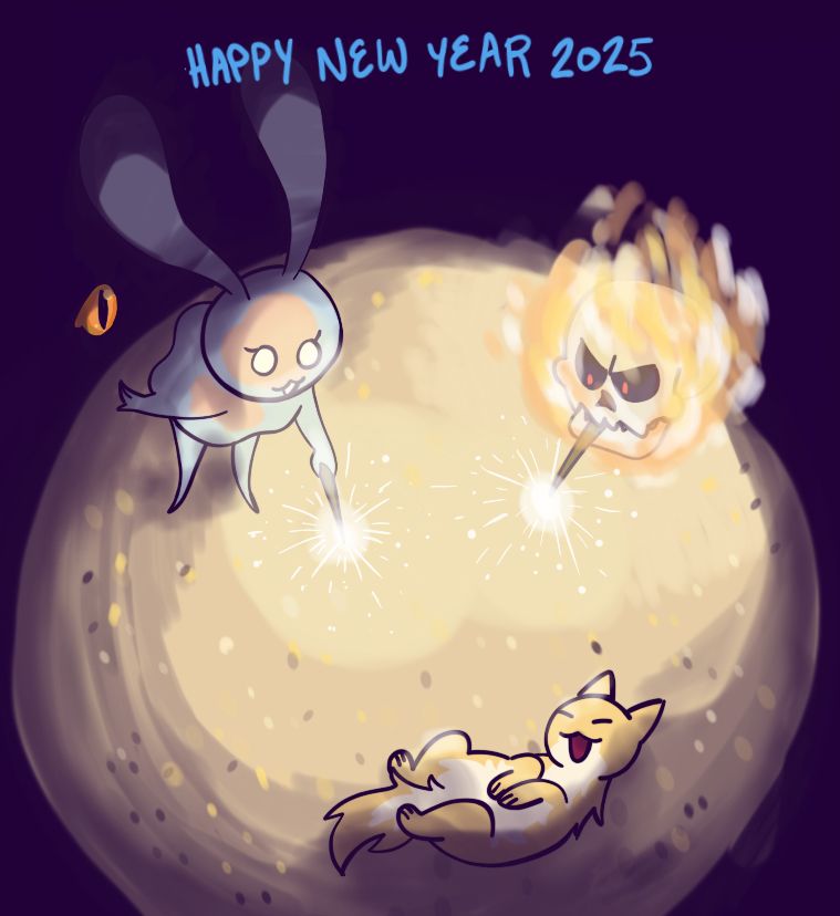 A drawing of Cielo, Abra (a flaming skull), and Cashew (an orange kitty cat) in a circle. Cielo and Abra have lit sparklers and are holding them out, sparks illuminating the area around them. Behind Cielo is a illuminated bright orange eye peering at them from the darkness 