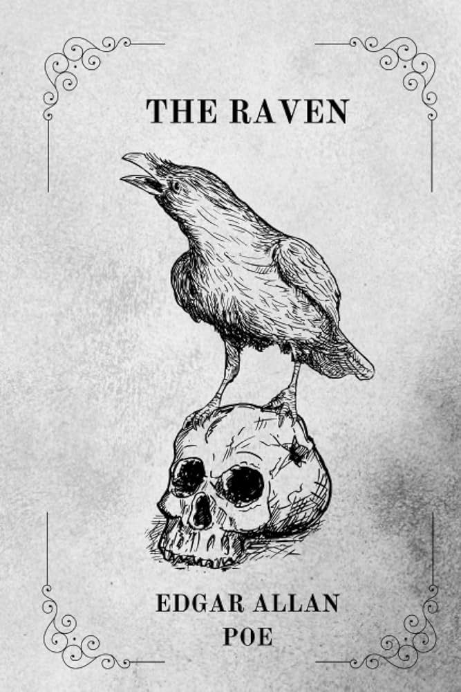 Cover art for “The Raven” by Edgar Allen Poe.  It shows a sketch of a raven with its beak open and cocked to the side, while it stands on a skull.  