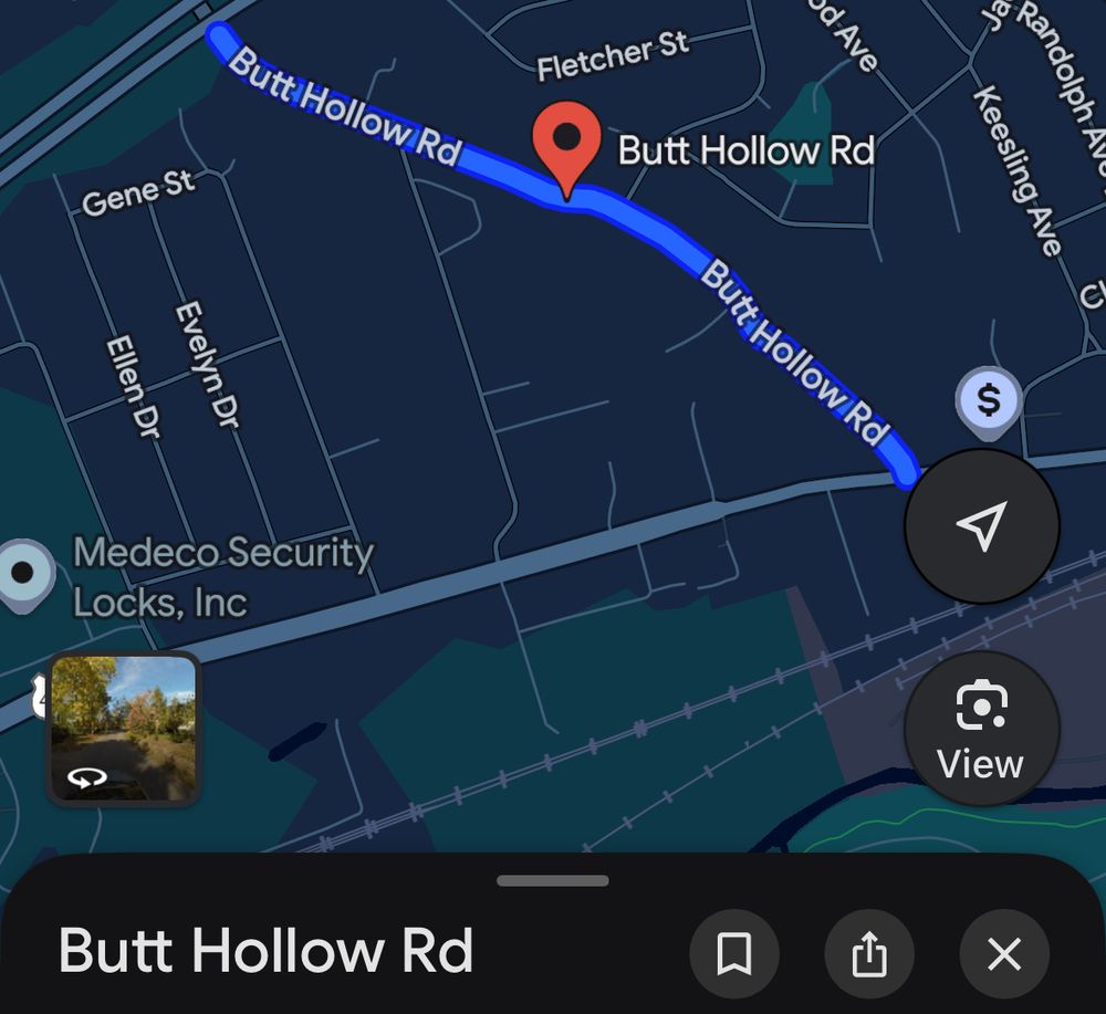 A Google maps close up of “Butt Hollow Rd” in Virginia