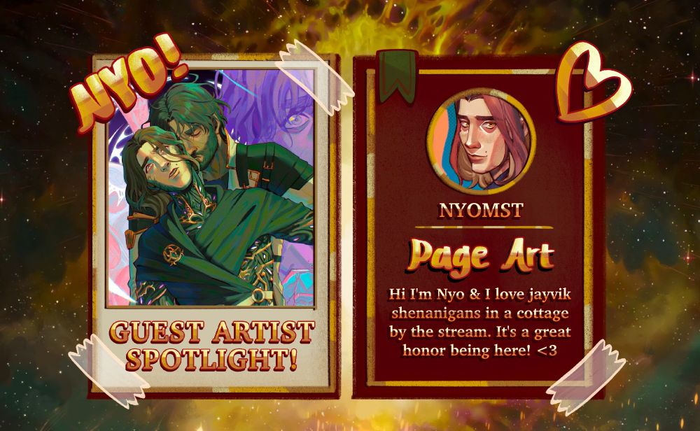 Arcane fanzine countdown promotional art! Formatted to look like two book pages, it depicts a guest artist spotlight.

Left page: Digital art featuring jayce talis and viktor from arcane
Right page: Formatted to look like a book cover, with the icon of our guest artist

The background is an Arcane screenshot from the "glorious evolution" scene

Image text top to bottom, left to right: "NYO! Guest artist spotlight! Nyomst: Page art. Bio: Hi i'm nyo & I love jayvik shenanigans in a cottage by the stream. It's a great honor being here! <3