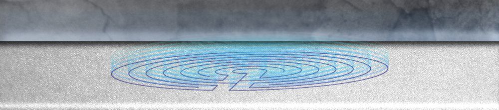 A labyrinth pattern on stone ground; the pattern itself is dark blue, and there are emanations of itself raising up into the air in a lighter blue, getting more transparent as they go upward.