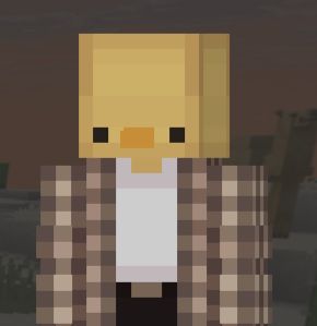Minecraft character with a yellow duck's head, wearing a brown and tan plaid long sleeved shirt over a white shirt, with black pants and a brown belt.