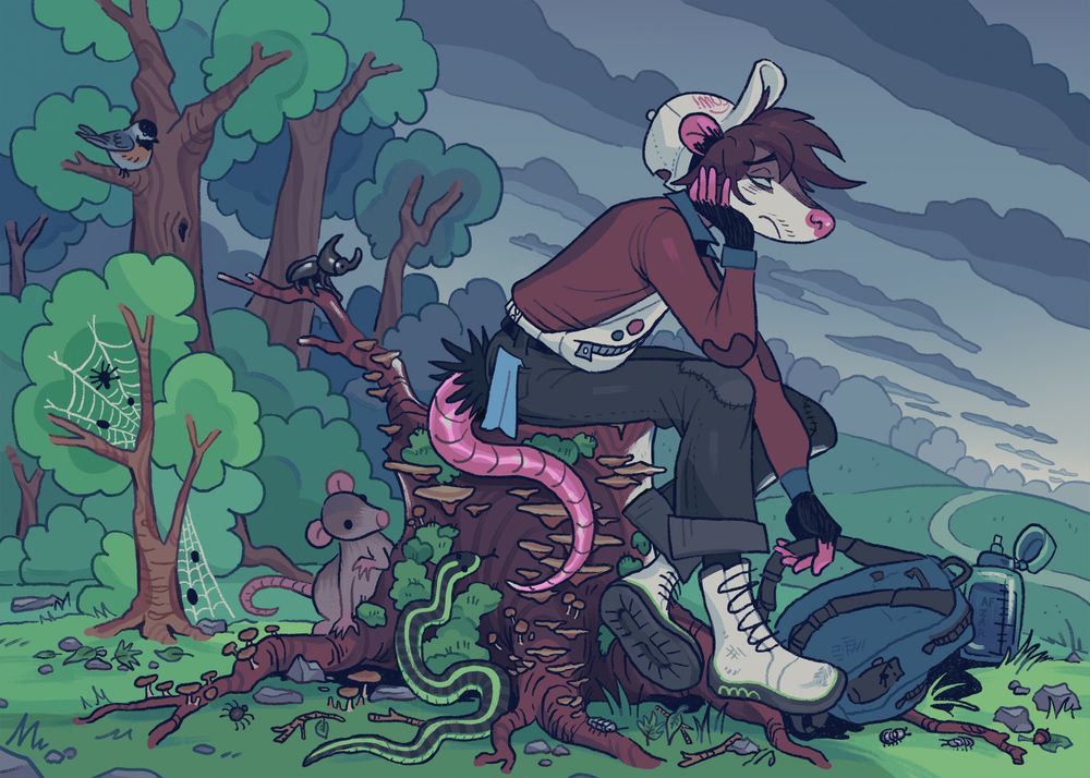 an anthropomorphic opossum sits on a tree stump that is covered in moss and fungus, at the top of a hill at the edge of a forest overlooking more hills. the sky is dark and grey, with clouds fading into the distance. some spiders, a chickadee, a beetle, a field mouse, and a garter snake look at the opossum, who is slumped forward sadly with his cheek resting on one hand. a light blue handkerchief is tucked into his back right pocket.
